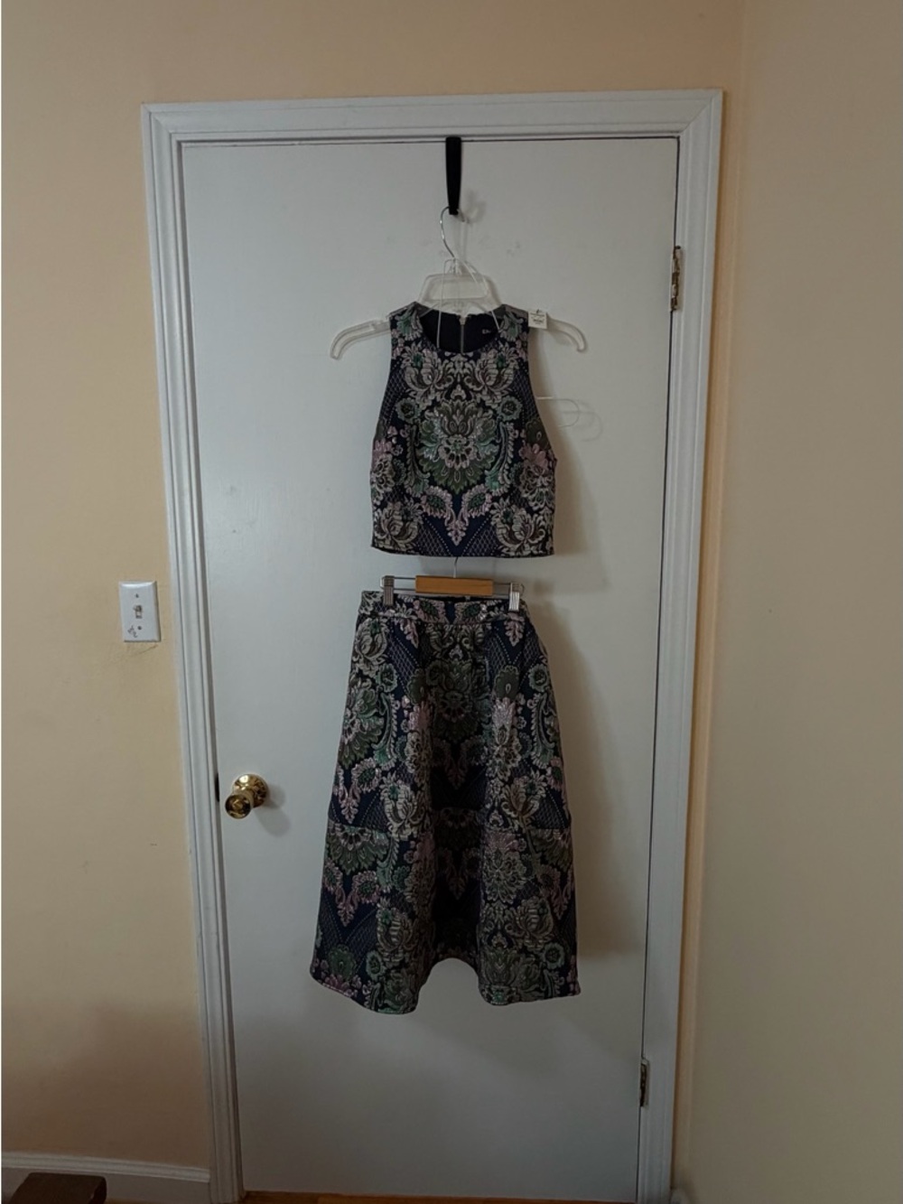 Express Floral Brocade Crop Top and Skirt Set in Navy, Green, Pink